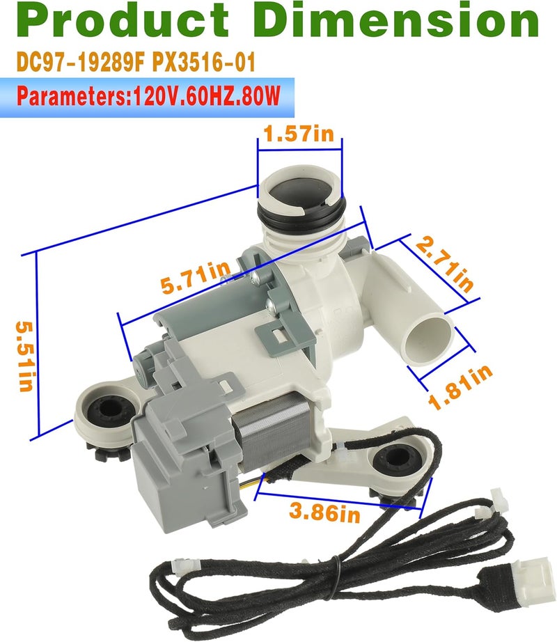 BOSHCHEN Upgraded DC97-19289F DC97-19289B PX3516-01 Washer Drain Pump Assembly Compatible with Samsung Washing Machine Replaces DC97-19289A DC97-17366A DC97-17366J DC97-17349B AP6806651 PS12592631 EAP12592631 - Image 2